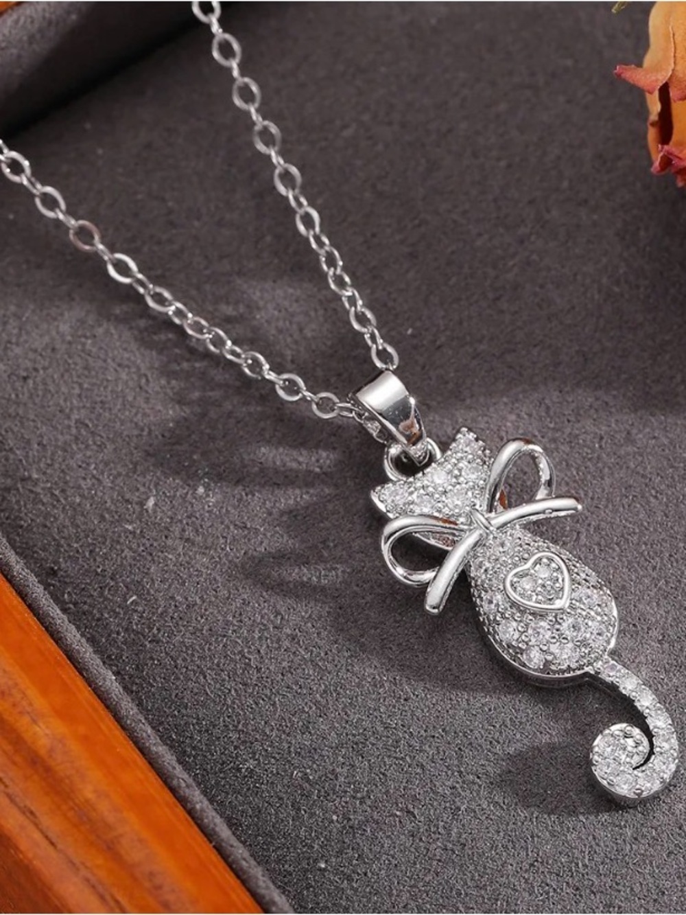 Stainless Steel Cat Pendant Necklace with Crystal Accents
